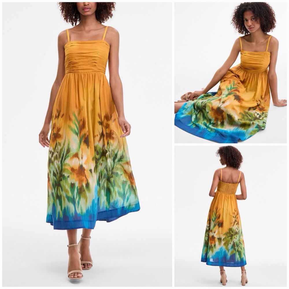 Tahari ASL Rouched Bodice Border Print Midi Yellow Fit & Flare Dress 2